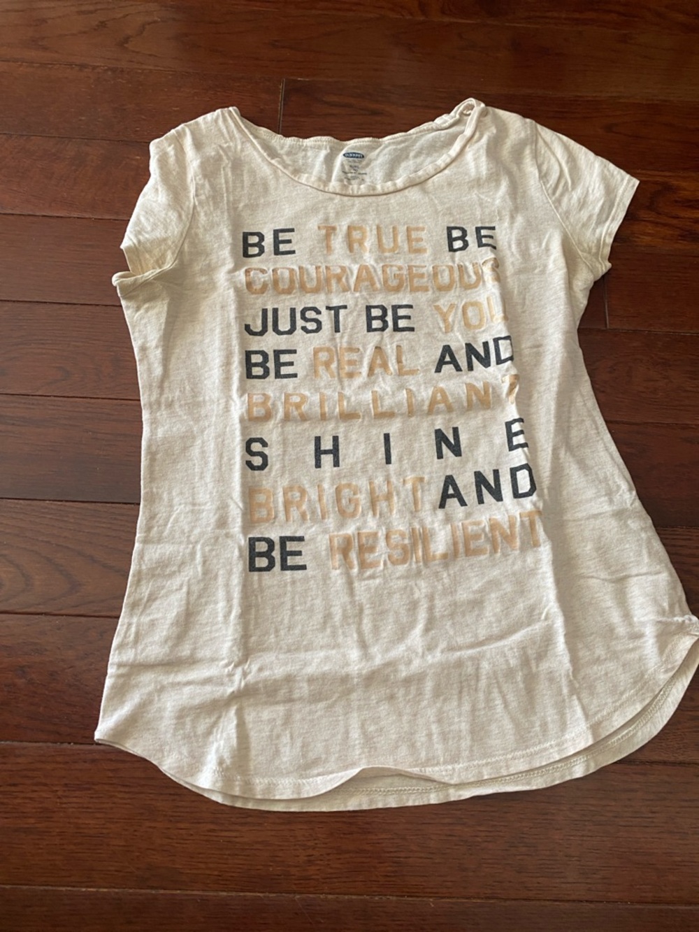 Old Navy Cream Short Sleeve Tee with Black and Gold Text